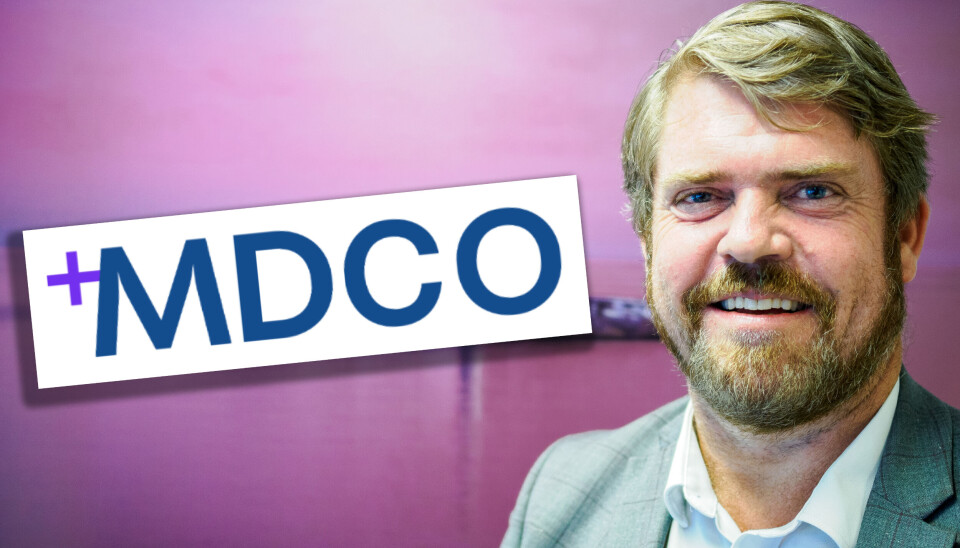 NYTT NAVN: Konsernsjef Pål Lillebø presenterer ny logo og nytt navn for det som til nå har vært kjent som Medco DinHMS. Portrett av Lillebø, Logoen montert inn på bildet.