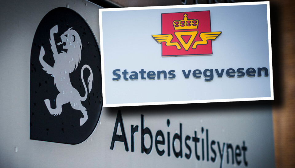 GRANSKER: Arbeidsttilsynet vil gjøre mer omfattende undersøkelser av hvordan Vegvesenet har ivaretatt kontrollplikten i kontrakten med Sotra Link AS. Statens vegvesens logo montert på bilde av skilt med Arbeidstilsynets logo.