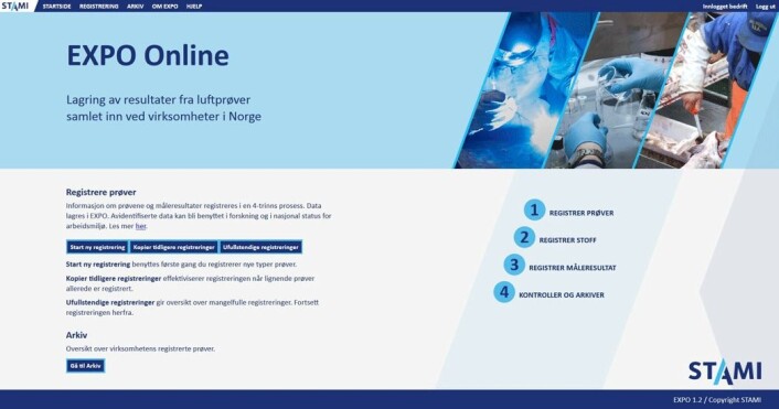 Startsiden til EXPO Online. (Skjermdump: STAMI) Startsiden til EXPO Online. (Skjermdump: STAMI)