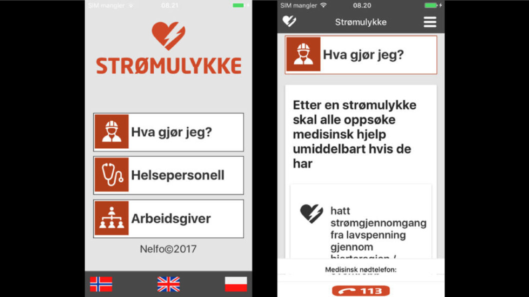 App for strømulykker. (Skjermbilder) App for strømulykker. (Skjermbilder)