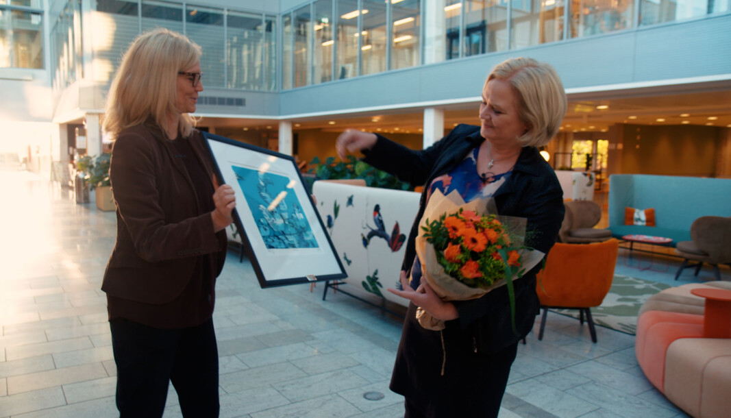Nina Melsom, direktør for Arbeidsliv i NHO, overrekker Akan-prisen 2020 til konserndirektør for HR og HMS i Hydro, Hilde Vestheim Nordh. Nina Melsom, direktør for Arbeidsliv i NHO, overrekker Akan-prisen 2020 til konserndirektør for HR og HMS i Hydro, Hilde Vestheim Nordh.