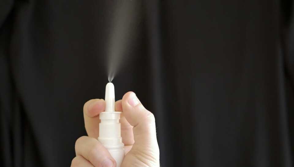 Nærbilde av hånd som trykker på en beholder nesespray.
